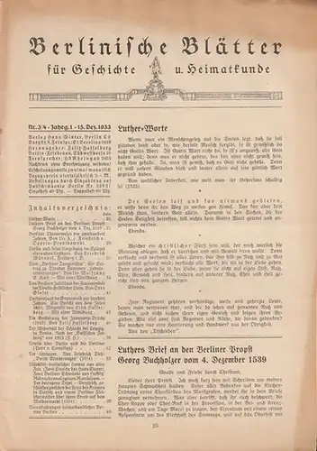 Berlinische Blätter. - Hasselberg, Felix (Hrsg.): Berlinische Blätter für Geschichte und Heimatkunde. Erster (1.) Jahrgang, Doppelheft 2 / 3 (15. Dezember 1933). 