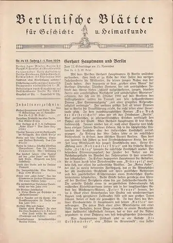 Berlinische Blätter. - Hasselberg, Felix (Hrsg.): Berlinische Blätter für Geschichte und Heimatkunde. Erster (1.) Jahrgang mit Doppelheft 14 / 15 (November 1934). 