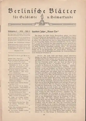 Berlinische Blätter.   Hasselberg, Felix (Hrsg.): Berlinische Blätter für Geschichte und Heimatkunde. Dritter (3.) Jahrgang 1936 mit No. 3.  Zum Inhalt: Beiträge zur.. 