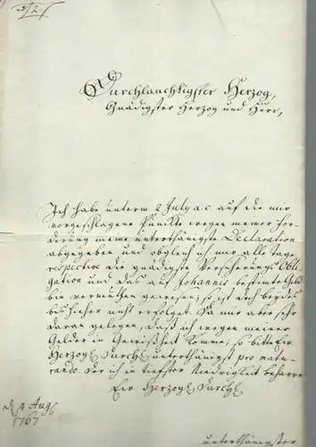 Wunderlich, Nicolaus, Handschriftlicher Brief von Nicolaus Wunderlich an einen Herzog, der namentlich nicht genannt wird, betreffend eine Zahlungsaufforderung nach Schulverschreibung