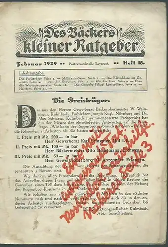 Bäckers kleiner Ratgeber. - Baer, Alfred (Schriftleiter): Des Bäckers kleiner Ratgeber. Februar 1929, Heft 18. 