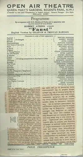 Open Air Theatre, Queen Mary´s Gardens, Regents Park, London.   General Director Eric Blyth.   Atkins, Robert: Besetzungszettel / cast list: Faust. English.. 