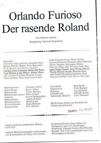Programmheft zu: Orlando Furioso   Der rasende Roland. Bearbeitung: Adoardo Sanguinetti. Regie: Luca Ronconi. Kostüme: Elena Mannini. Bühnenbild: Angelo di Santo. Aufführung in der.. 