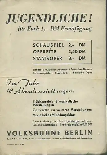 Volksbühne Berlin, Inselstraße 12: Jugend-Beitrittserklärung zur Volksbühne für 10 Abendvorstellungen. Ungenutzt. Nr. 25705 des Jahres 1949. 