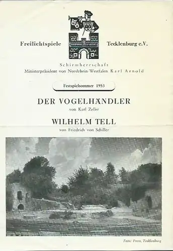 Besetzungszettel zu: Karl Zeller   Der Vogelhändler. Inszenierung und Bearbeitung: Axel Kreuzinger. Musikalische Gesamt Leitung: Hans Mayer. Dirigent: Alfred Hoffmann. Orchester: Symphonie Orchester Osnabrück.. 