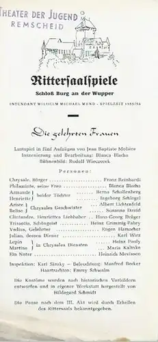 Programmheft zu: Die gelehrten Frauen. Lustspiel. Inszenierung und Bearbeitung: Blanca Blacha. Bühnenbild: Rudolf Wieszorek. Darsteller: Franz Reinhardt, Blanca Blacha, Berna Schallenberg, Ingeborg Schlegel, Albert Lichtenfeld.. 
