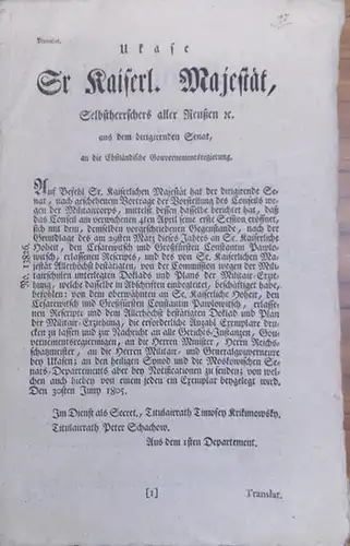 Translation /Abschrift eines Erlasses (Ukas) des Zaren Alexander I. aus dem dirigirenden Senat, an die Ehstländische Gouvernementsregierung. Aus dem Inhalt: Errichtung, Finanzierung und Unterhalt von.. 