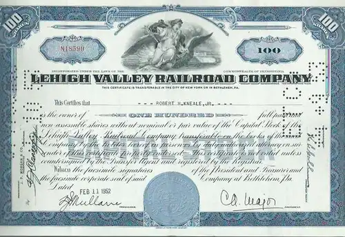 Lehigh Valley Railroad Company. - Aktie, Lehigh Valley Railroad Company. This Certificate is transferable in the City of New York or in Bethlehem, PA. Aktie Nummer N18590 über 100 Shares ausgestellt für Robert H. Kneale, jr. am 11. Februar 1952