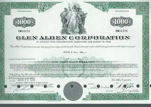 Glen Alden Corporation. - Aktie, Glen Alden Corporation. 6 % sinking fund subordinated debenture due August 15, 1988. Aktie Nummer RM04376 über 1000 $ ausgestellt für Reich & Co., Inc. am 23. August 1968