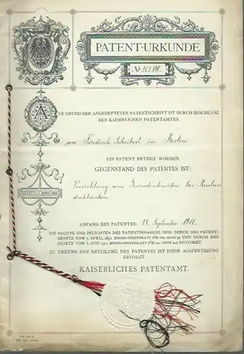 Scheibert, Friedrich. - Kaiserliches Patentamt, Patent-Urkunde Nr. 267590, Klasse 49 c, Gruppe 1. Patenterteilung an Friedrich Scheibert in Berlin: Vorrichtung zum Gewindeschneiden bei Revolverdrehbänken. Anfang...