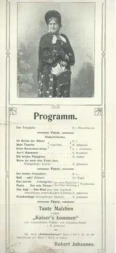 Programm zu dem Text von B. von Münchhausen (Der Totspieler) und humoristischen Texten in ostpreußischem Dialekt von R. L.,  R. Johannes, E. von Zabienski.. 