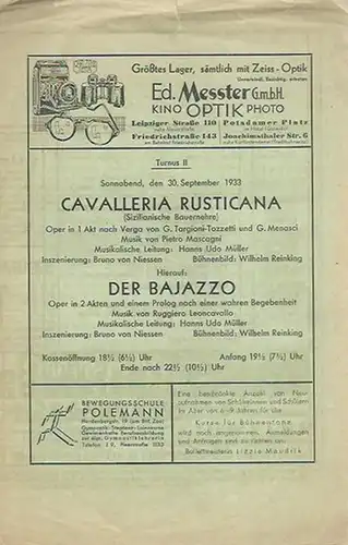 Theaterzettel zu Turnus II: Aufführung der Opern am 30. September 1933: Cavalleria Rusticana und Der Bajazzo. Musikalische Leitung: Hanns Udo Müller. Inszenierung: Bruno von Niessen. Bühnenbild: Wilhelm Reinking