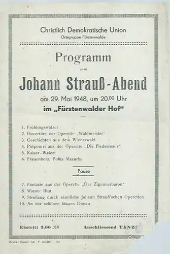 Programm zum Johann Strauß-Abend im 'Fürstenwalder Hof' am 29. Mai 1948