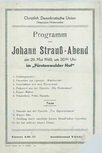 Strauß, Johann. - Fürstenwalder Hof: Programm zum Johann Strauß-Abend im 'Fürstenwalder Hof' am 29. Mai 1948. 