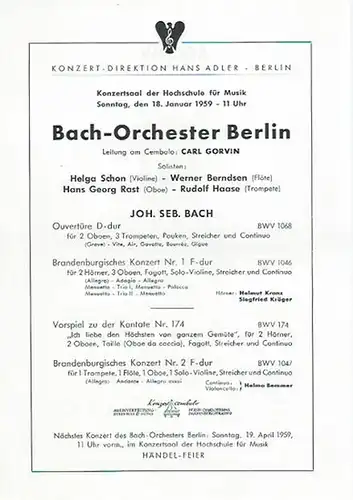 Programmzettel zum Konzert des Bach Orchesters Berlin am 18. Januar 1959 im Konzertsaal der Hochschule für Musik. Dirigent: Carl Gorvin. Solisten: Helga Schon, Werner Berndsen.. 