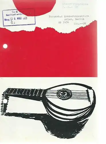 Hochschule für Musik Berlin. - Carlos Montoya: Programmheft zum Konzert von Carlos Montoya, Flamenco-Gitarre am 6. Mai 1963 im Konzertsaal der Hochschule für Musik. Konzertdirektion Hans Adler, Berlin. 