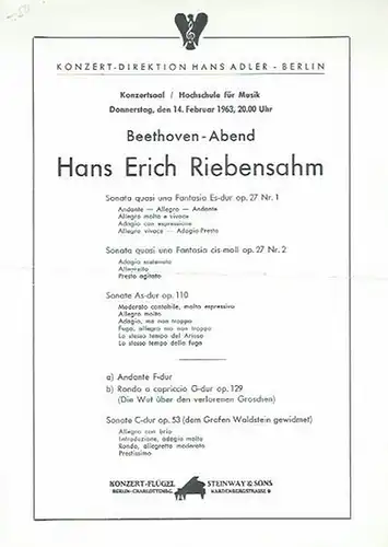Programmzettel zum Beethoven-Abend (Sonaten) von Hans-Erich Riebensahm am 14. Februar 1963 im Konzertsaal der Hochschule für Musik. Konzert-Direktion Hans Adler, Berlin