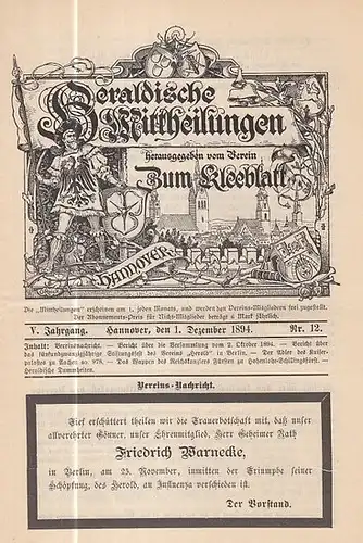 Heraldische Mitteilungen. - Verein zum Kleeblatt (Hrsg.) / Ahrens, H. (Red.): Heraldische Mittheilungen herausgegeben vom Verein 'Zum Kleeblatt.' V. Jahrgang Nr. 12 vom 1. Dezember...