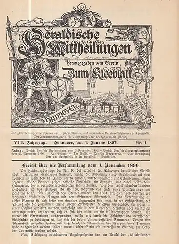 Heraldische Mitteilungen. - Verein zum Kleeblatt (Hrsg.) / Ahrens, H. (Red.): Heraldische Mittheilungen herausgegeben vom Verein 'Zum Kleeblatt.' VIII. Jahrgang Nr. 1 vom 1. Januar...