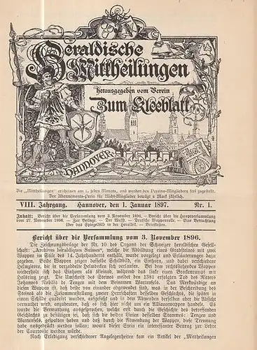 Heraldische Mitteilungen.   Verein zum Kleeblatt (Hrsg.) / Ahrens, H. (Red.): Heraldische Mittheilungen herausgegeben vom Verein 'Zum Kleeblatt.' VIII. Jahrgang Nr. 1 vom 1.. 