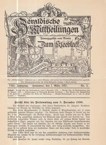 Heraldische Mitteilungen. - Verein zum Kleeblatt (Hrsg.) / Ahrens, H. (Red.): Heraldische Mittheilungen herausgegeben vom Verein 'Zum Kleeblatt.' VIII. Jahrgang Nr. 3 vom 1. März...