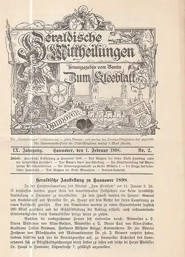 Heraldische Mitteilungen. - Verein zum Kleeblatt (Hrsg.) / Ahrens, H. (Red.): Heraldische Mittheilungen herausgegeben vom Verein 'Zum Kleeblatt.' IX. Jahrgang Nr. 2 vom 1. Februar...