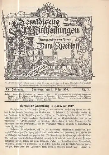 Heraldische Mitteilungen. - Verein zum Kleeblatt (Hrsg.) / Ahrens, H. (Red.): Heraldische Mittheilungen herausgegeben vom Verein 'Zum Kleeblatt.' IX. Jahrgang Nr. 3 vom 1. März...
