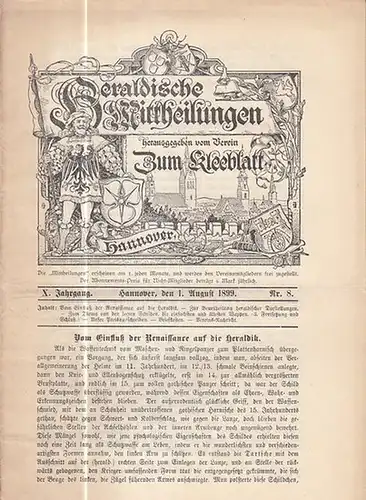 Heraldische Mitteilungen.   Verein zum Kleeblatt (Hrsg.) / Ahrens, H. (Red.): Heraldische Mittheilungen herausgegeben vom Verein 'Zum Kleeblatt.'  X. Jahrgang Nr. 8 vom.. 