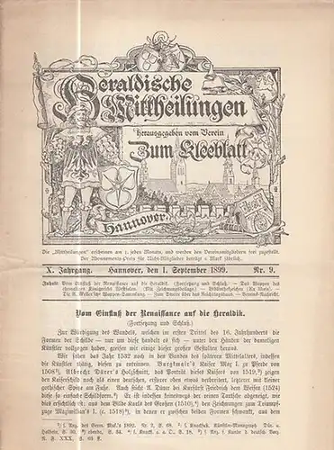 Heraldische Mitteilungen. - Verein zum Kleeblatt (Hrsg.) / Ahrens, H. (Red.): Heraldische Mittheilungen herausgegeben vom Verein 'Zum Kleeblatt.'  X. Jahrgang Nr. 9 vom 1...