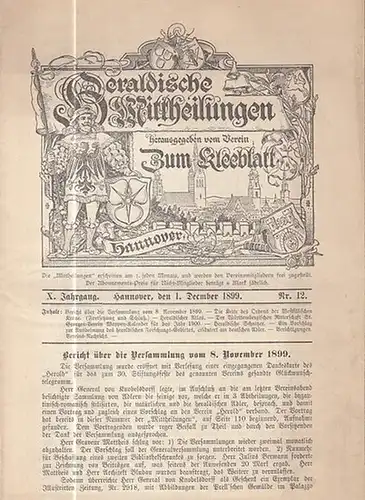 Heraldische Mitteilungen. - Verein zum Kleeblatt (Hrsg.) / Ahrens, H. (Red.): Heraldische Mittheilungen herausgegeben vom Verein 'Zum Kleeblatt.'  X. Jahrgang Nr. 12 vom 1...