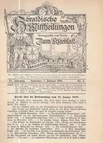 Heraldische Mitteilungen. - Verein zum Kleeblatt (Hrsg.) / Ahrens, H. (Red.): Heraldische Mittheilungen herausgegeben vom Verein 'Zum Kleeblatt.'  XI. Jahrgang Nr. 2 vom 1...
