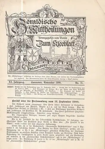 Heraldische Mitteilungen.   Verein zum Kleeblatt (Hrsg.) / Ahrens, H. (Red.): Heraldische Mittheilungen herausgegeben vom Verein 'Zum Kleeblatt.'  XI. Jahrgang Nr. 11 vom.. 