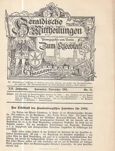 Heraldische Mitteilungen. - Verein zum Kleeblatt (Hrsg.) / Ahrens, H. (Red.): Heraldische Mittheilungen herausgegeben vom Verein 'Zum Kleeblatt.'  XII. Jahrgang Nr. 11, November 1901...