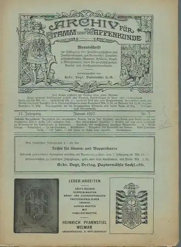Archiv für Stamm  und Wappenkunde. Jahrgang 17, Nr. 7, Januar 1917. Monatsschrift zur Festlegung von Familiengeschichten und Familienwappen, zum Austausch für Familiengeschichtsforscher, Wappen.. 