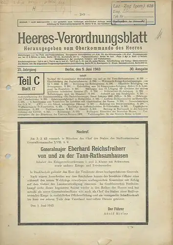 Heeresverordnungsblatt. - Oberkommando des Heeres (Herausgeber), Heeres - Verordnungsblatt. Teil C, Blatt 17, Jahrgang 25 vom 5. Juni 1943. 30. Ausgabe