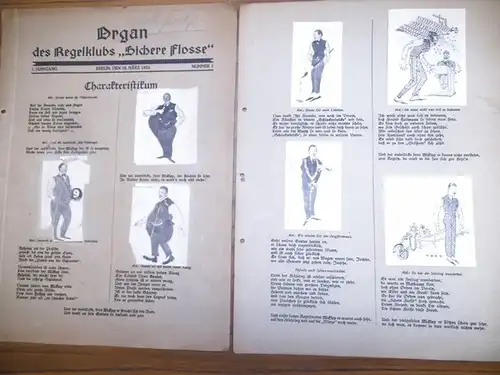 Kegelklub Sichere Flosse. - Dessauer Garten. - Schieber Stamm, Schieber Mickley, Willi und Walter Spork, Moritz, Heilmann, Goggo, Nespital: Organ des Kegelklubs ' Sichere Flosse. ' 1. Jahrgang, Nummer 1, datiert Berlin, den 18. März 1922.