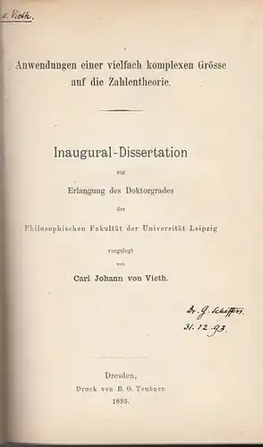 Vieth, Carl Johann von: Anwendungen einer vielfach komplexen Grösse auf die Zahlentheorie. 