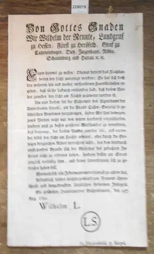 Büchenbeuern.   Katzenelnbogen.   Wilhelm IX.   Simon Berlötz (Schultheiss), Von Gottes Gnaden Wir Wilhelm der Neunte, Landgraf zu Hessen, Fürst zu.. 