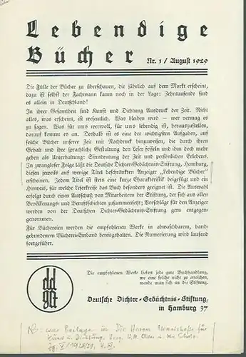 Lebendige Bücher: Lebendige Bücher. Nr. 1, August 1929. Prospekt-Beilage in 'Die Horen', Monatshefte für Kunst und Dichtung. Jahrgang V / 192 / 29, Heft XI. 