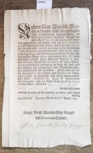 Friedrich Wilhelm, König von Preussen, Marggraf zu Brandenburg. - Münzverordnung. - Landrat von Briest, Nachdem Seine Königl. Majestät in Preussen Unser aller gnädigster Herr, verschiedentlich...