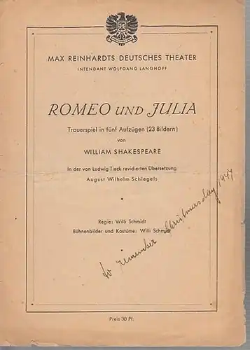 Besetzungszettel zu 'Romeo und Julia.' In der von Lidwig Tieck revidierten Übersetzung August Wilhelm Schlegels. Mitwirkende: Wolfgang Kühne, Horst Drinda, Ernst Sattler, Aribert Wäscher, Horst.. 