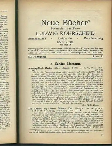 Neue Bücher. - Ludwig Röhrscheid: Neue Bücher. Bücherblatt der Firma Ludwig Röhrscheid. Jahrgang 3, Liste 1 - 4. Buchhandlung, Antiquariat, Kunsthandlung, Bonn. 