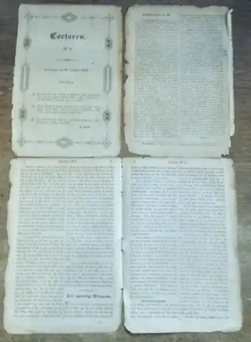 Corsaren. - J. Lind: Corsaren. No 1, Torsdagen, den 8. October 1840. Indhold: Charivari. Samtale imellem en Skoleloerer og en af hans elever / En toast der kann gjoelde fom Program / Det egentlige Program / Kongens Tilbagekomst / Udtog af et Brev fra Cons