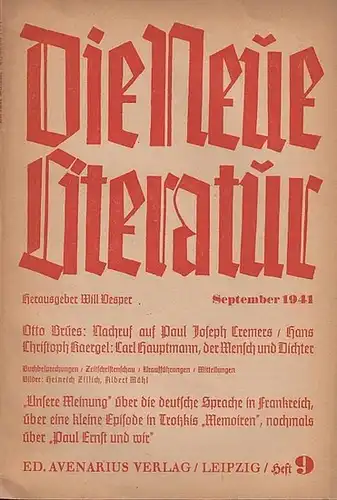 Neue Literatur, Die.   Will Vesper (Hrsg.).   Otto Brües / Hans Christoph Kaergel  (Autoren): Die neue Literatur. Heft  9.. 