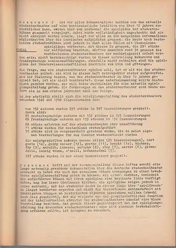 ADS Arbeitsgemeinschaft Deutscher Studentenbühnen (Hrsg.). - verantwortlich für den Inhalt: Karlheinz Braun: Resuemee (Resümee) 1959. (sonder) nr. 2. Die arbeit der deutschen studentenbühnen. Inhalt: Über...