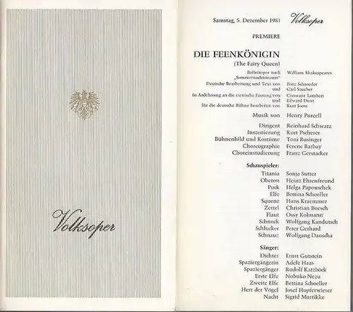 Purcell, Henry .  Volks - Oper Wien. - 1981: Volksoper Wien. Saison (Jahr): 1981. Die Feenkönigin (The Fairy Queen).Ballettoper nach d. "Sommernachtstraum" Shakespeares...