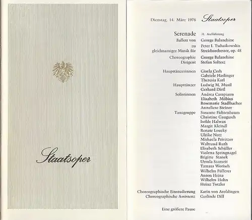 Staats - Oper Wien. - 1978: Staatsoper Wien. Saison (Jahr): 1978.. Programmheft und Besetzungsliste zu dem Stück:  SERENADE. Ballett v. George Balanchine zu Peter...
