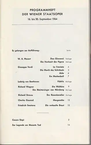 Programmheft / Zettel . Wiener Staatsoper.  Hrsg.Direktion der Staatsoper Wien: Vorschau September 1964. Aus dem Inhalt: Mozart - Don Giovanni, Hochzeit des Figaro / Verdi - La Traviata, Aida / Beethoven / Wagner / Strauss / Gounod / Smetana - Verkaufte B