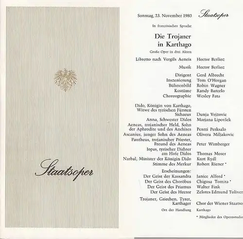 Programmheft / Zettel . Staatsoper Wien. Hector Berlioz (Libretto / Musik): Die Trojaner in Karthago.  Große Oper in 3 Akten. Spielzeit 1980.  Dirigent.. 