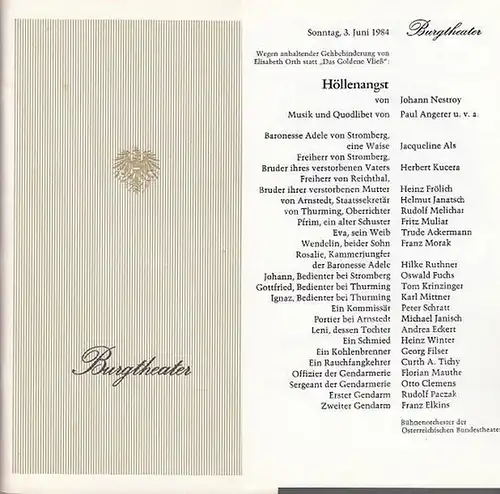 Burgtheater Wien.  Johann Nestroy: Höllenangst.    Spielzeit 1984.    Musik und  Quodlibet von Paul Angerer u.v.a.   Choreographie...